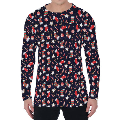 Watercolor Merry Christmas Pattern Print Men's Long Sleeve T-Shirt