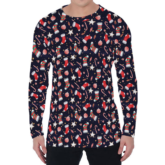 Watercolor Merry Christmas Pattern Print Men's Long Sleeve T-Shirt