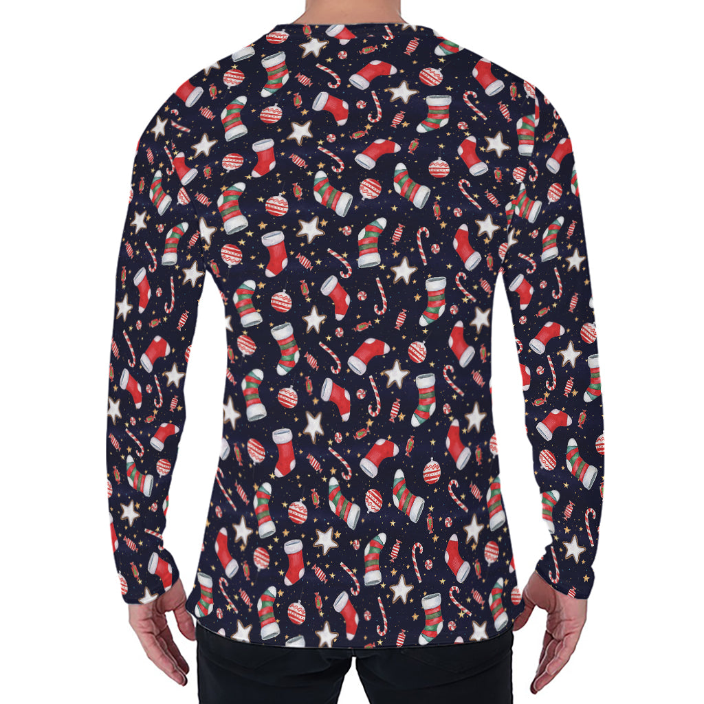 Watercolor Merry Christmas Pattern Print Men's Long Sleeve T-Shirt