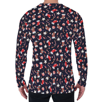Watercolor Merry Christmas Pattern Print Men's Long Sleeve T-Shirt