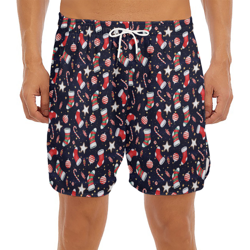 Watercolor Merry Christmas Pattern Print Men's Split Running Shorts