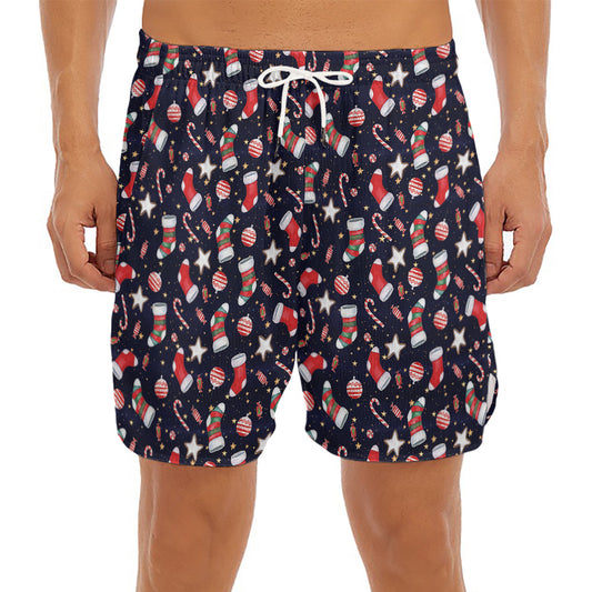 Watercolor Merry Christmas Pattern Print Men's Split Running Shorts