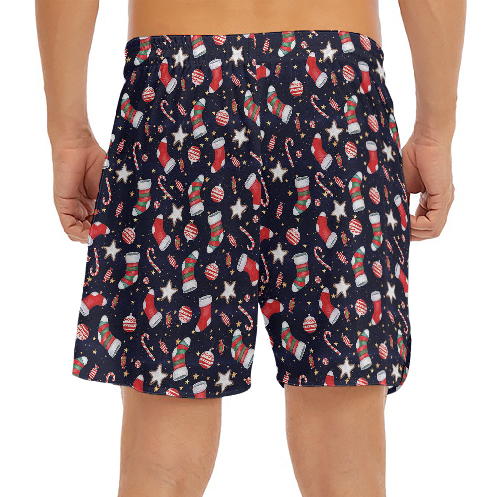Watercolor Merry Christmas Pattern Print Men's Split Running Shorts