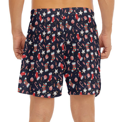 Watercolor Merry Christmas Pattern Print Men's Split Running Shorts