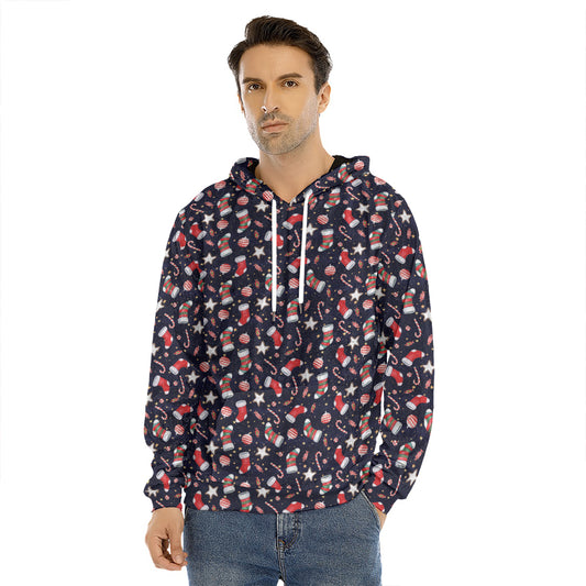 Watercolor Merry Christmas Pattern Print Men's Velvet Pullover Hoodie