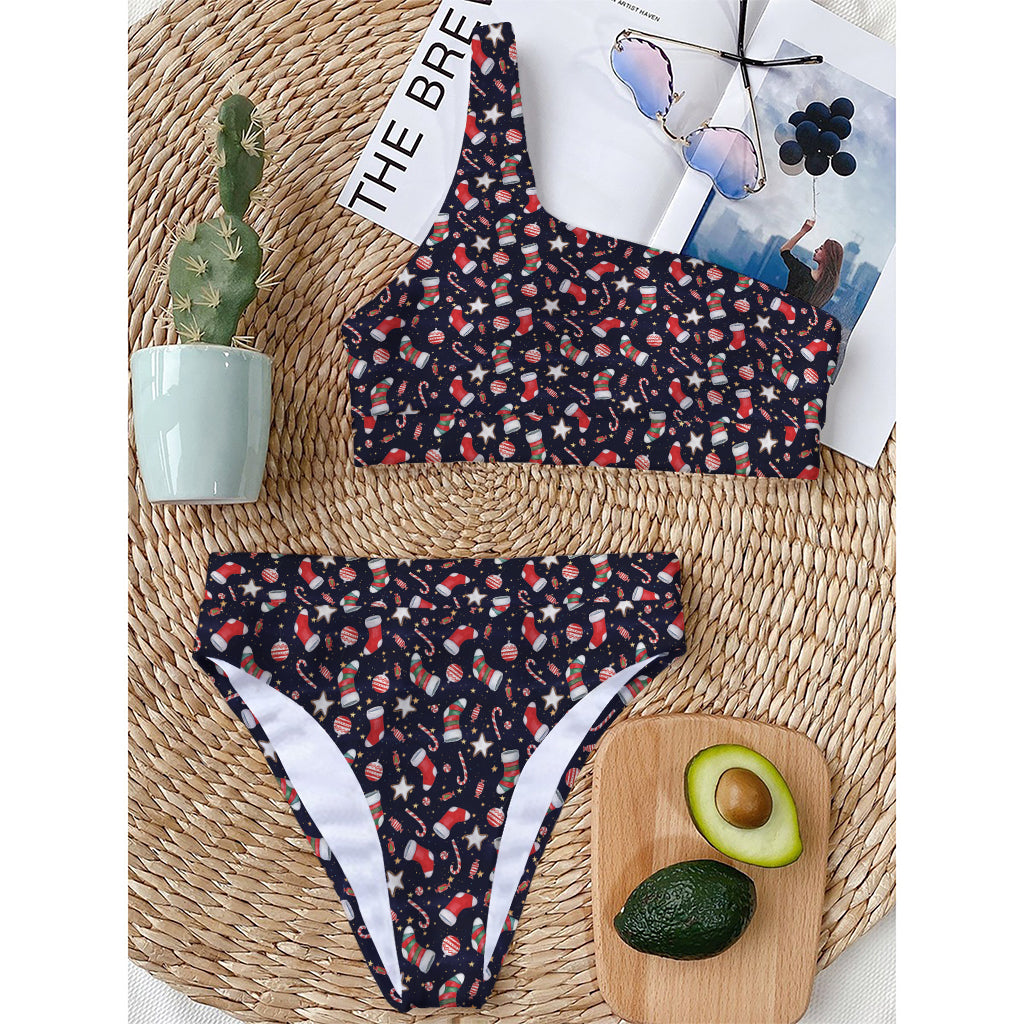 Watercolor Merry Christmas Pattern Print One Shoulder Bikini Top