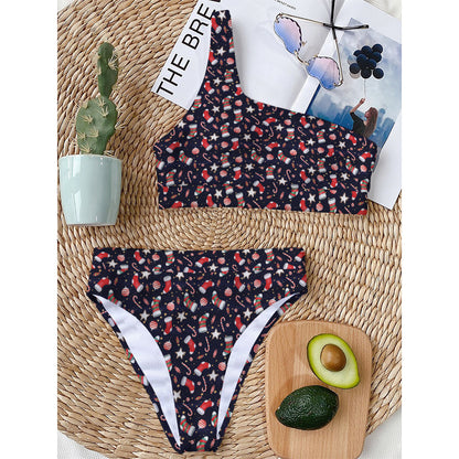 Watercolor Merry Christmas Pattern Print One Shoulder Bikini Top