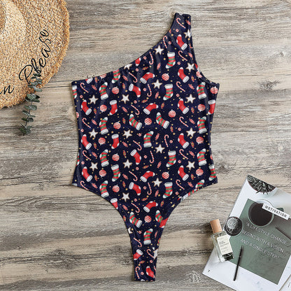 Watercolor Merry Christmas Pattern Print One Shoulder Bodysuit