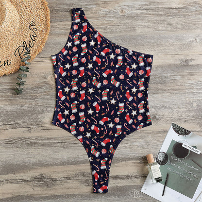 Watercolor Merry Christmas Pattern Print One Shoulder Bodysuit