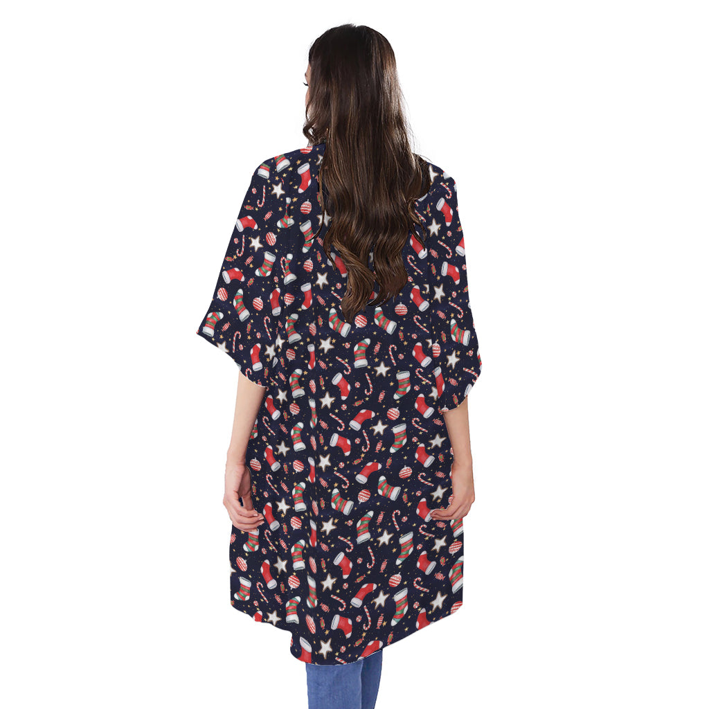 Watercolor Merry Christmas Pattern Print Open Front Beach Cover Up