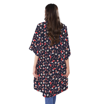Watercolor Merry Christmas Pattern Print Open Front Beach Cover Up