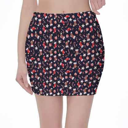 Watercolor Merry Christmas Pattern Print Pencil Mini Skirt