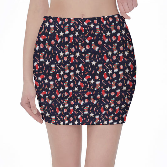 Watercolor Merry Christmas Pattern Print Pencil Mini Skirt