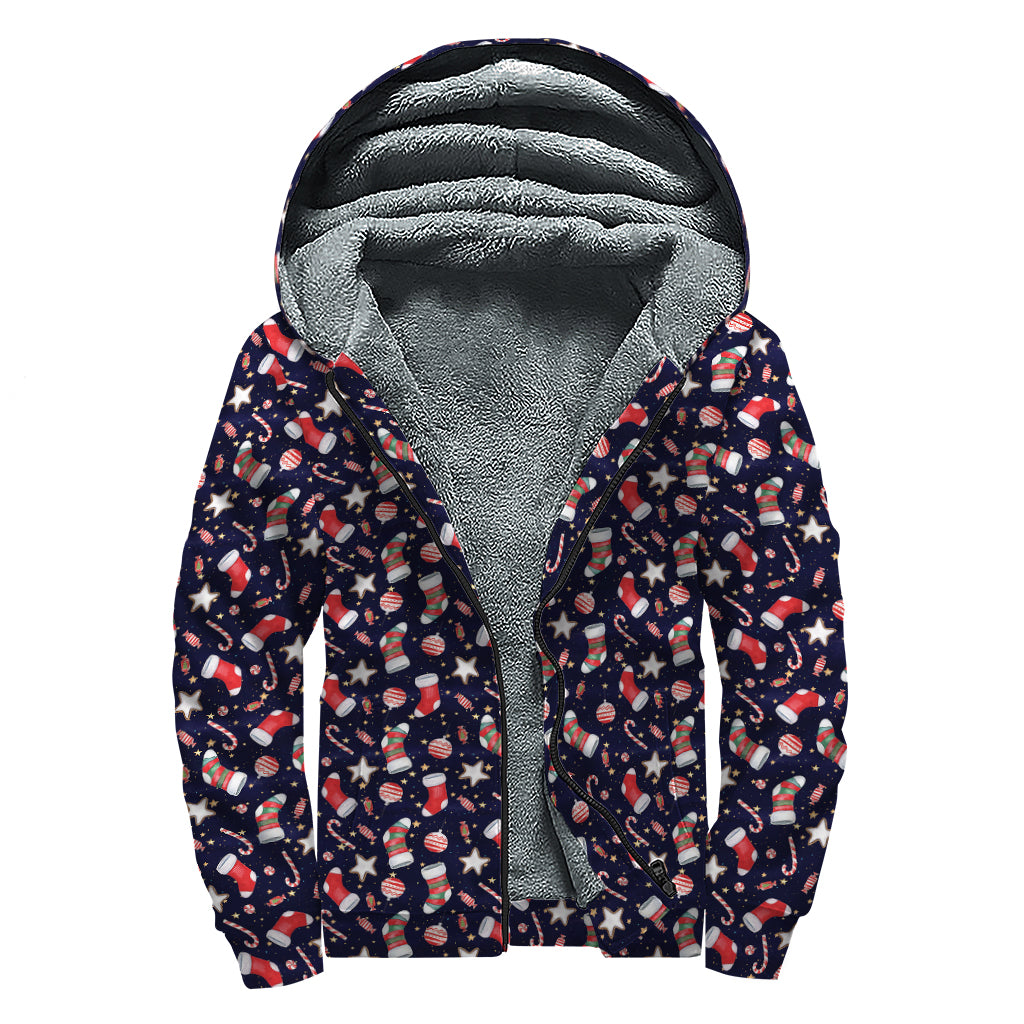 Watercolor Merry Christmas Pattern Print Sherpa Lined Zip Up Hoodie