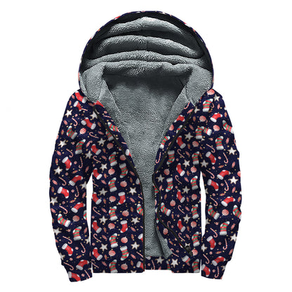 Watercolor Merry Christmas Pattern Print Sherpa Lined Zip Up Hoodie