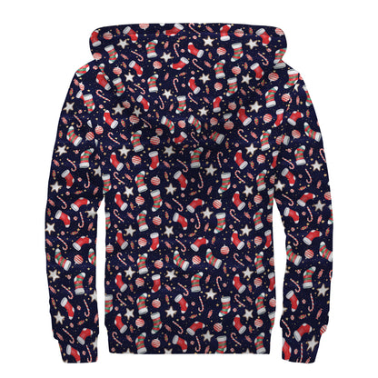 Watercolor Merry Christmas Pattern Print Sherpa Lined Zip Up Hoodie