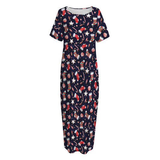 Watercolor Merry Christmas Pattern Print Short Sleeve Long Nightdress