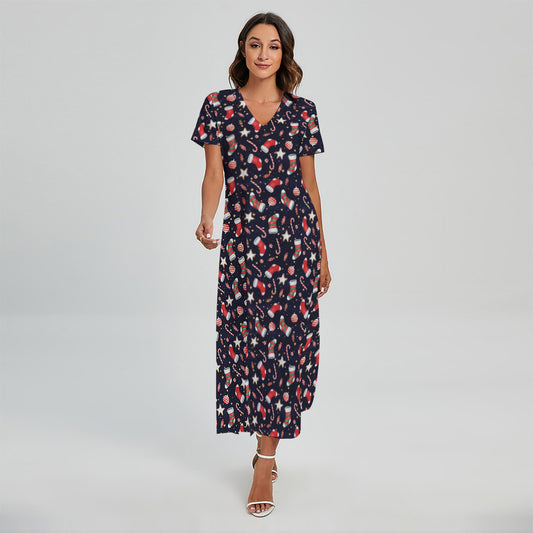 Watercolor Merry Christmas Pattern Print Short Sleeve Maxi Dress