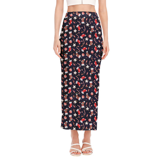 Watercolor Merry Christmas Pattern Print Side Slit Maxi Skirt