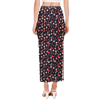 Watercolor Merry Christmas Pattern Print Side Slit Maxi Skirt