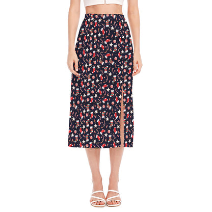 Watercolor Merry Christmas Pattern Print Side Slit Midi Skirt