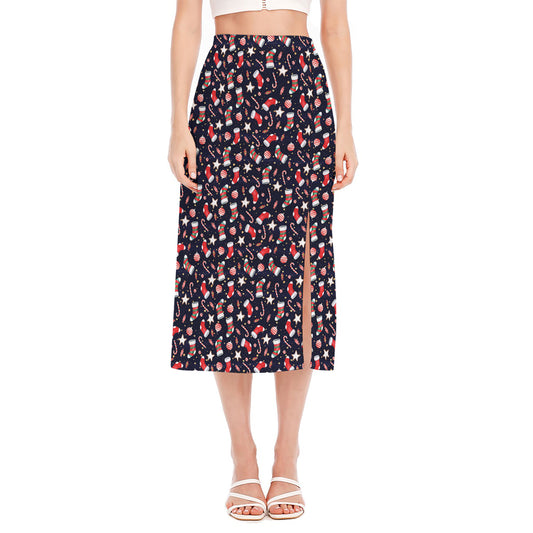 Watercolor Merry Christmas Pattern Print Side Slit Midi Skirt