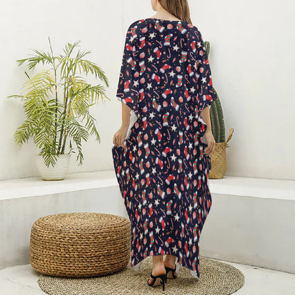 Watercolor Merry Christmas Pattern Print Silk V-Neck Kaftan Dress
