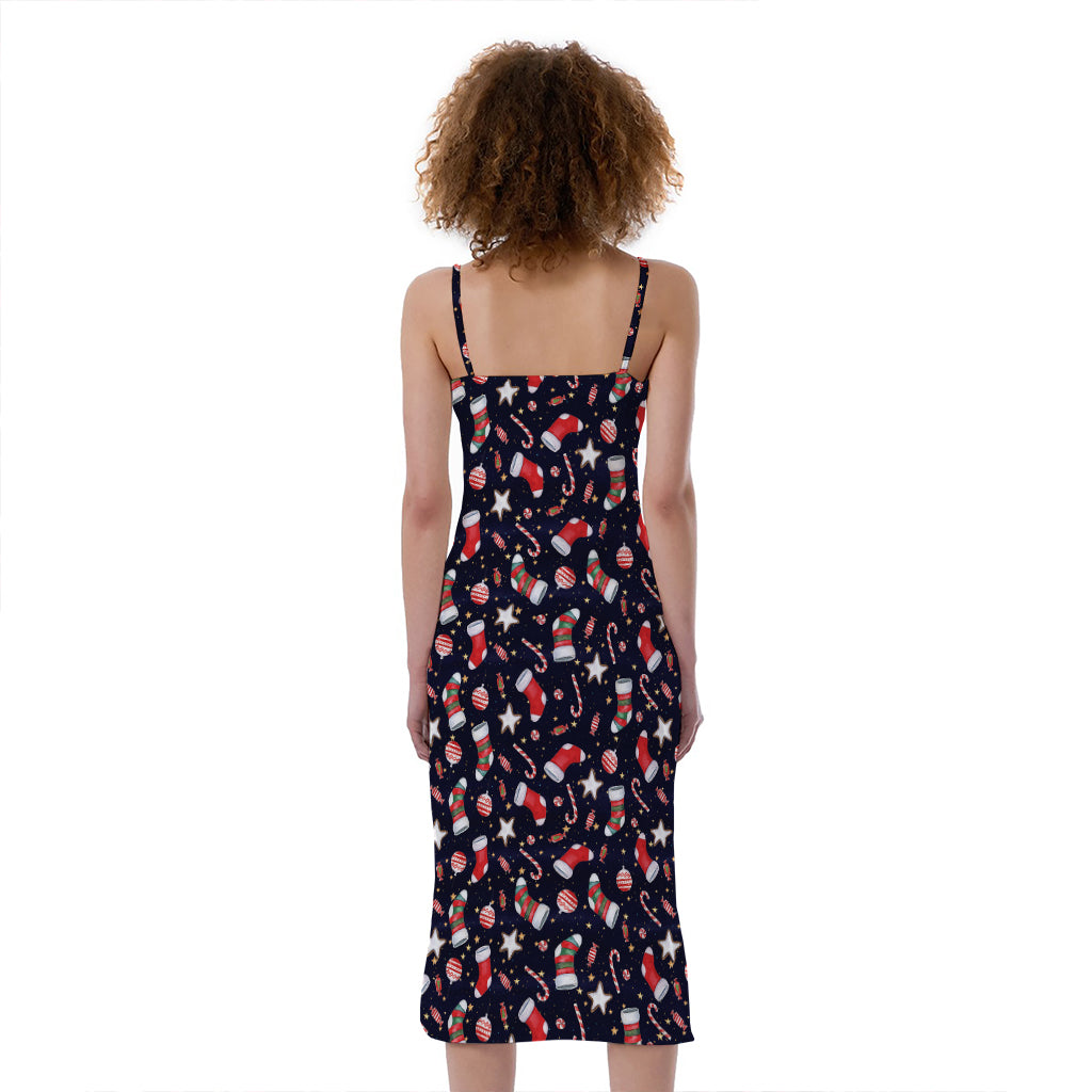 Watercolor Merry Christmas Pattern Print Slim Fit Midi Cami Dress