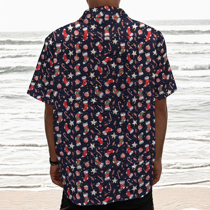 Watercolor Merry Christmas Pattern Print Textured Short Sleeve Shirt