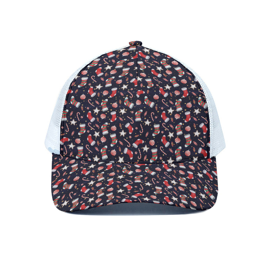 Watercolor Merry Christmas Pattern Print White Mesh Trucker Cap