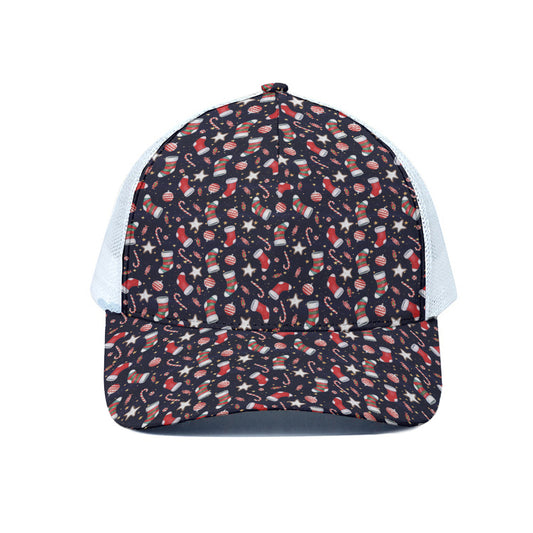 Watercolor Merry Christmas Pattern Print White Mesh Trucker Cap