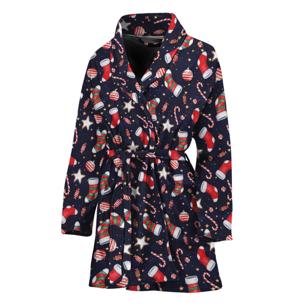 Watercolor Merry Christmas Pattern Print Women's Bathrobe