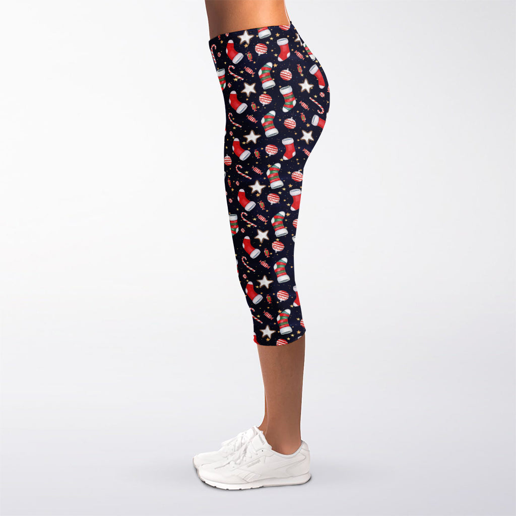 Watercolor Merry Christmas Pattern Print Women's Capri Leggings