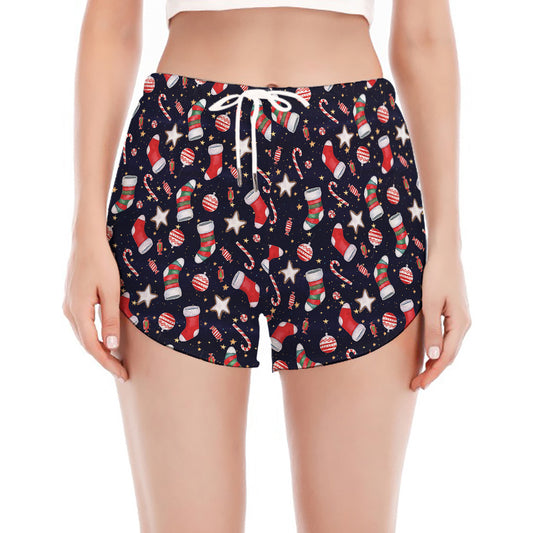 Watercolor Merry Christmas Pattern Print Women's Split Running Shorts