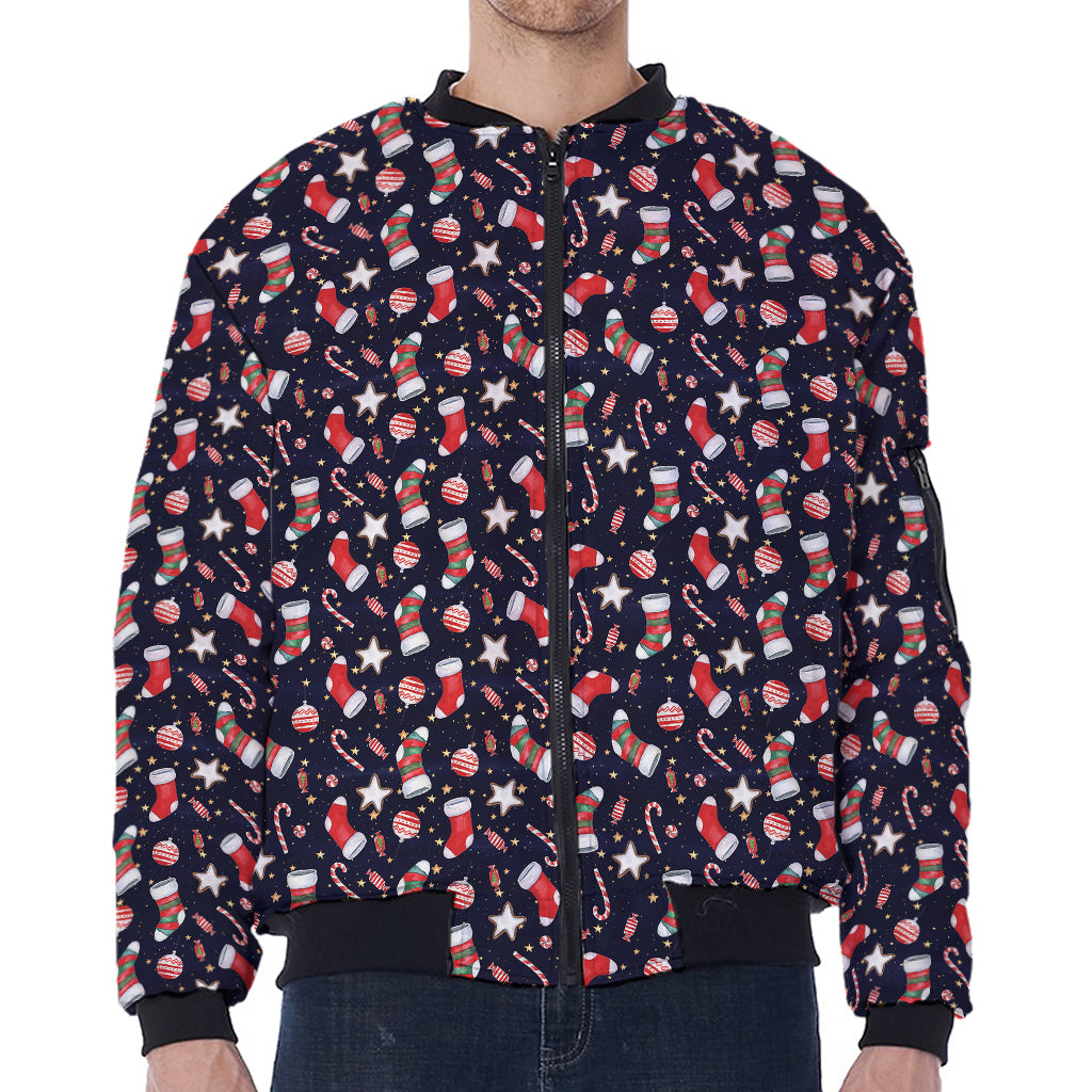Watercolor Merry Christmas Pattern Print Zip Sleeve Bomber Jacket