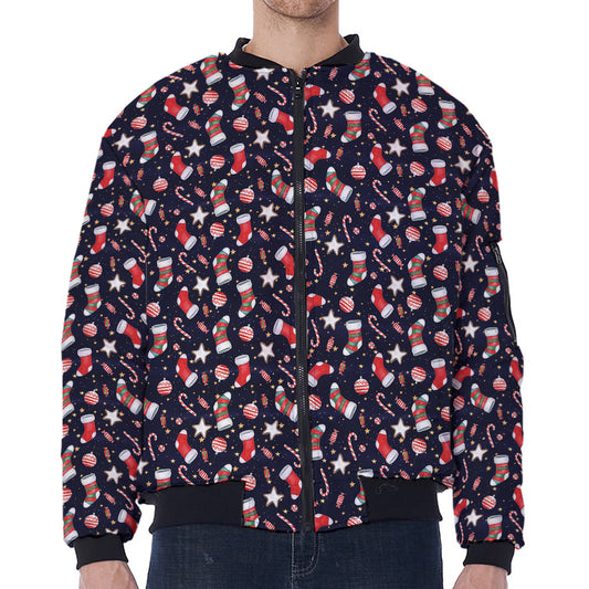 Watercolor Merry Christmas Pattern Print Zip Sleeve Bomber Jacket