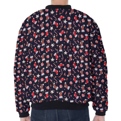 Watercolor Merry Christmas Pattern Print Zip Sleeve Bomber Jacket