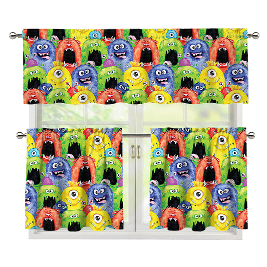 Watercolor Monster Pattern Print 3 Piece Kitchen Curtains