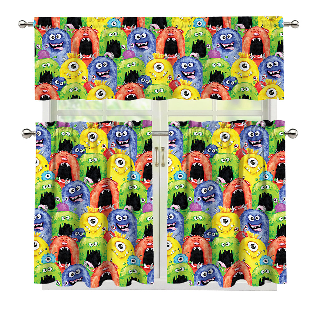 Watercolor Monster Pattern Print 3 Piece Kitchen Curtains