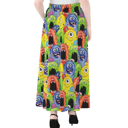 Watercolor Monster Pattern Print Chiffon Maxi Skirt