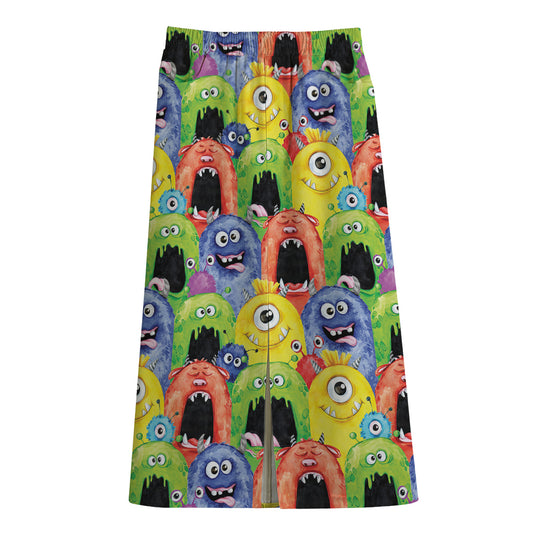 Watercolor Monster Pattern Print Cotton Front Slit Maxi Skirt
