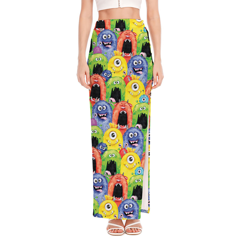 Watercolor Monster Pattern Print High Slit Maxi Skirt