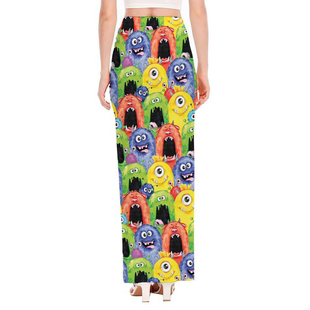 Watercolor Monster Pattern Print High Slit Maxi Skirt