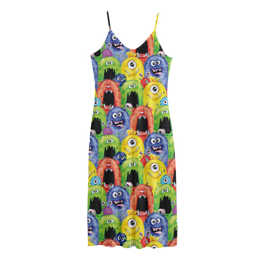 Watercolor Monster Pattern Print Jersey Midi Cami Dress
