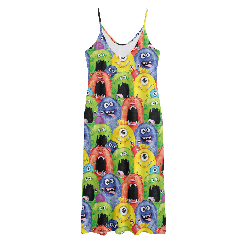 Watercolor Monster Pattern Print Jersey Midi Cami Dress