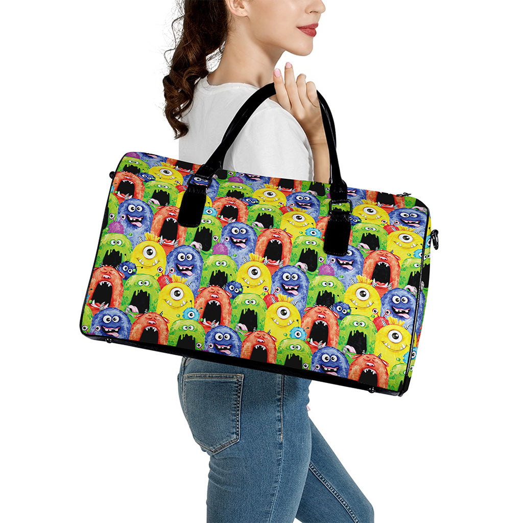 Watercolor Monster Pattern Print Leather Duffle Bag