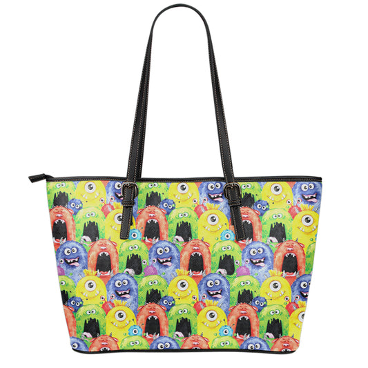 Watercolor Monster Pattern Print Leather Tote Bag