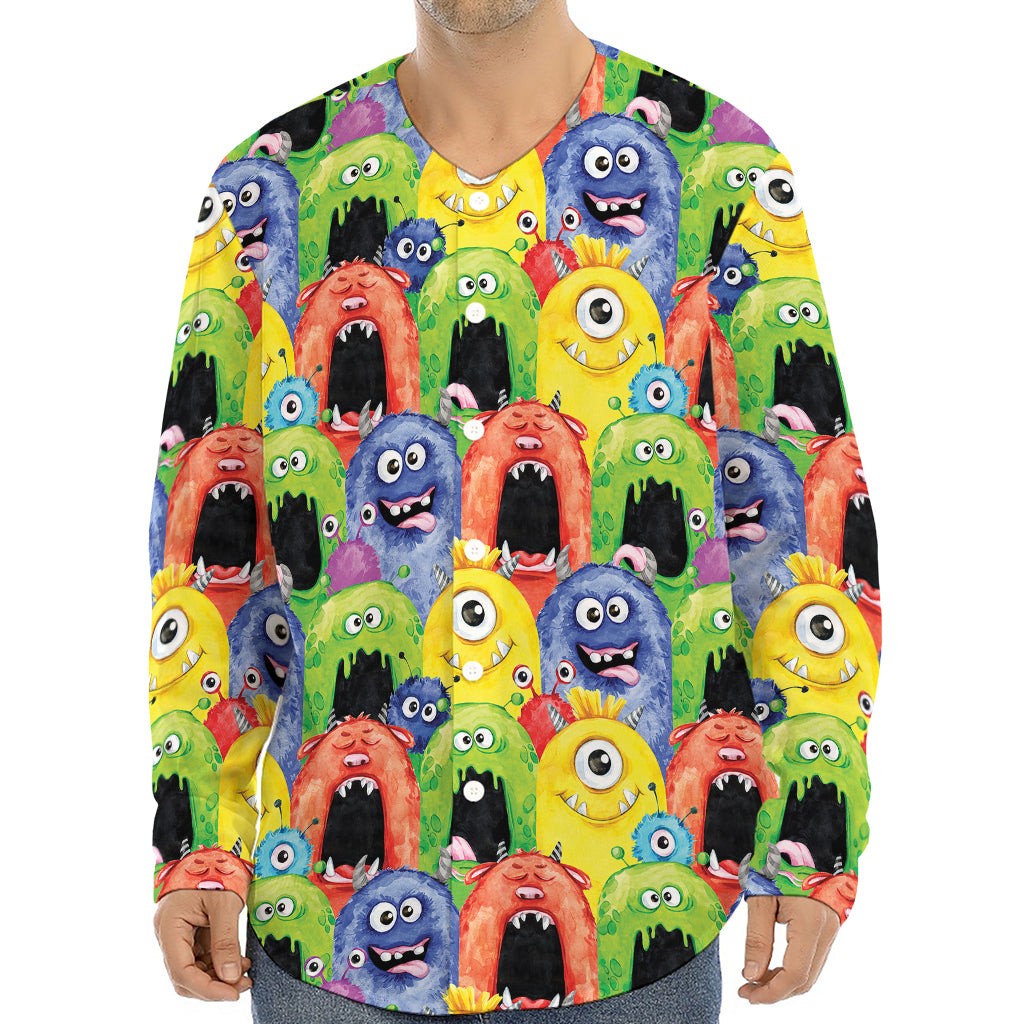 Watercolor Monster Pattern Print Long Sleeve Baseball Jersey