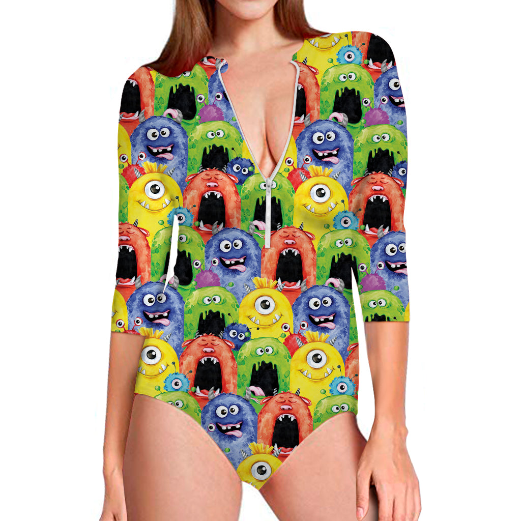Watercolor Monster Pattern Print Long Sleeve Swimsuit