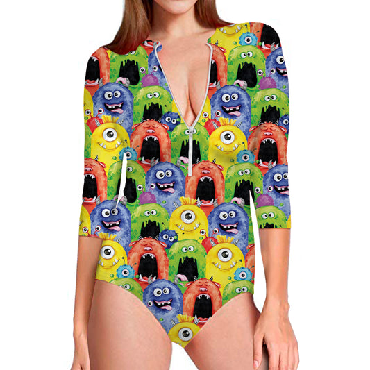 Watercolor Monster Pattern Print Long Sleeve Swimsuit